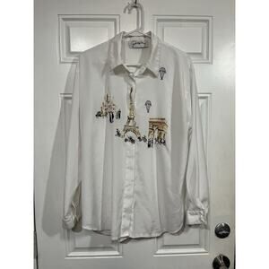 VTG Parisline White Blouse with Paris Landmarks Embroidered Size Large Estimate